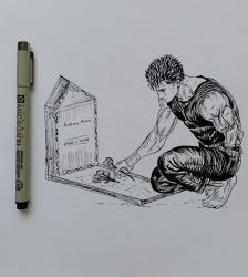 Rule 34 | 1boy, amputee, art tools in frame, barefoot, berserk, crying, crying with eyes open, flower, guts (berserk), highres, kneeling, marker (medium), muscular, muscular male, simple background, sketch, spiked hair, tears, tombstone, traditional media, wanotta, white background