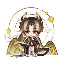 Rule 34 | 1boy, absurdres, arknights, brown hair, brown jacket, chong yue (arknights), cup, dragon boy, dragon horns, dragon tail, grey hair, highres, holding, holding cup, horns, jacket, male focus, multicolored hair, pants, parted bangs, parted lips, pointy ears, red eyes, shirt, simple background, sitting, solo, standing, streaked hair, tail, tuchuan, white background, white pants, white shirt