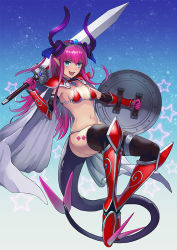Rule 34 | 1girl, :d, armor, bad id, bad pixiv id, bikini armor, blue eyes, cape, elbow gloves, elizabeth bathory (brave) (fate), elizabeth bathory (fate), fate/grand order, fate (series), gloves, horns, looking at viewer, maekawa yuichi, open mouth, pauldrons, pink hair, red armor, shield, shoulder armor, smile, solo, sword, tail, vambraces, weapon