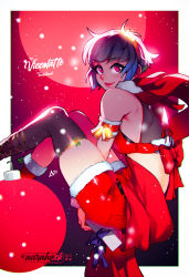 Rule 34 | 1girl, artist name, aurahack, bare shoulders, bell, between legs, black thighhighs, blush, boots, border, bow, box, breasts, christmas, christmas ornaments, commentary, detached sleeves, english commentary, feet out of frame, gift, gift art, gift box, gloves, hand between legs, highres, jingle bell, lo (viccolatte), long legs, looking at viewer, looking back, merry christmas, moon, original, outside border, red bow, red eyes, red footwear, red moon, red scarf, red shorts, scarf, short hair, short sleeves, shorts, sideboob, skindentation, smile, solo, thighhighs, white border