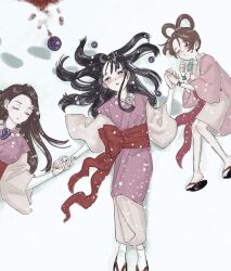 Rule 34 | ace attorney, black hair, blood, blood splatter, brown hair, closed eyes, closed mouth, from above, full body, geta, hair rings, hair spread out, half-closed eyes, hanten (clothes), highres, japanese clothes, jewelry, kimono, long hair, long sleeves, looking at viewer, lying, magatama, magatama necklace, maya fey, mia fey, multiple girls, necklace, obi, on back, open mouth, pearl fey, phoenix wright: ace attorney - trials and tribulations, pink sash, renshu usodayo, sash, short hair, short kimono, siblings, simple background, sisters, socks, white background, white kimono, white socks, wide sleeves