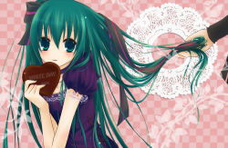 Rule 34 | 1girl, blush, candy, character name, checkered background, chocolate, chocolate heart, doily, english text, food, green eyes, green hair, hatsune miku, heart, long hair, puffy short sleeves, puffy sleeves, short sleeves, solo focus, very long hair, vocaloid, white day, xinya