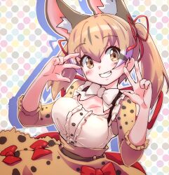 Rule 34 | 1girl, absurdres, animal ears, belt, bow, bowtie, brown eyes, brown hair, cat ears, cat girl, extra ears, highres, kemono friends, kemono friends v project, large-spotted genet (kemono friends), long hair, looking at viewer, lowlandgorilla, ribbon, shirt, simple background, skirt, solo, suspenders, twintails, upper body, v, virtual youtuber