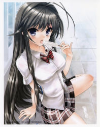 Rule 34 | 00s, 1girl, :o, absurdres, black hair, blue eyes, blurry, bow, bowtie, food, from above, highres, kanokon, koin (foxmark), licking, looking at viewer, looking up, melting, minamoto chizuru, open mouth, plaid, plaid skirt, popsicle, red bow, red bowtie, scarf, school uniform, shirt, short sleeves, sitting, skirt, wariza, white shirt