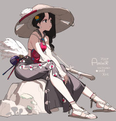 Rule 34 | 1girl, ajirogasa, artist name, black hair, carrying, closed mouth, earrings, english text, grey background, grey skirt, hair ornament, halloween, halterneck, hat, highres, jack-o&#039;-lantern, jack-o&#039;-lantern hair ornament, jewelry, korean clothes, long hair, long skirt, looking to the side, low-tied long hair, original, red shirt, shirt, signature, simple background, sitting, skirt, solo, tennohi, white hat