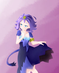 Rule 34 | 1girl, :3, acerola (pokemon), armlet, artist request, blue eyes, blush, breasts, clothes lift, collarbone, creatures (company), dress, dress lift, elite four, female focus, game freak, gradient background, hair ornament, half-closed eyes, hand to own mouth, hands up, highres, knees together feet apart, lifted by self, looking away, nintendo, pink background, pokemon, pokemon sm, purple dress, purple hair, short hair, short sleeves, simple background, small breasts, solo, standing, trial captain, w