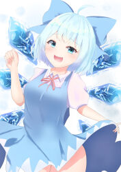 Rule 34 | 1girl, absurdres, ahoge, blue background, blue bow, blue dress, blue eyes, bow, cirno, collared shirt, commentary request, cowboy shot, detached wings, dress, hair bow, highres, ice, ice wings, looking at viewer, mesugaki, open mouth, shanonon, shirt, short sleeves, solo, touhou, white shirt, wings