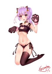 Rule 34 | 1girl, animal hands, bell, black bra, black panties, blush, body blush, bra, breasts, cat cutout, cat ear panties, cat lingerie, cleavage, cleavage cutout, clothing cutout, collar, fang, frilled bra, frills, hair ornament, hairclip, highres, jingle bell, kneeling, knees together feet apart, lingerie, maid headdress, medium breasts, meme attire, navel, neck bell, open mouth, original, panties, pomie de sunny, ponytail, purple eyes, purple hair, shiny skin, side-tie panties, signature, single thighhigh, skindentation, solo, stomach, thighhighs, underwear, underwear only