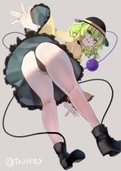 Rule 34 | 1girl, ass, ass focus, black footwear, black hat, boots, cameltoe, frilled skirt, frills, from behind, full body, green eyes, green hair, grey background, hat, hat ribbon, highres, komeiji koishi, long sleeves, looking at viewer, looking back, open mouth, ribbon, shirt, short hair, simple background, skirt, smile, solo, thighs, third eye, touhou, tousen, twitter username, wide sleeves, yellow ribbon, yellow shirt