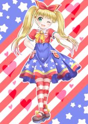 Rule 34 | 1girl, ;d, american flag, american flag print, blonde hair, blue sky, blunt bangs, blush, bow, bracelet, brown footwear, collared shirt, commentary request, flag print, full body, green eyes, hair ornament, hair ribbon, hand on own hip, heart, highres, idolmaster, idolmaster cinderella girls, idolmaster cinderella girls starlight stage, jewelry, long hair, mary cochran, mary janes, one eye closed, open mouth, pantyhose, print skirt, red ribbon, red shirt, regular mow, ribbon, shirt, shoes, short sleeves, skirt, sky, smile, solo, standing, star (symbol), star hair ornament, star print, striped clothes, striped pantyhose, twintails, v-shaped eyebrows, very long hair, yellow bow
