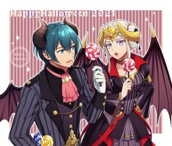 Rule 34 | 1boy, 1girl, bat wings, black suit, blue hair, byleth (fire emblem), byleth (male) (fire emblem), byleth (male) (halloween) (fire emblem), candy, edelgard von hresvelg, fake horns, fake wings, fire emblem, fire emblem: three houses, fire emblem heroes, food, formal, hiyori (rindou66), holding, holding candy, holding food, holding lollipop, horns, lollipop, looking at another, nintendo, official alternate costume, open mouth, smile, suit, white hair, wings