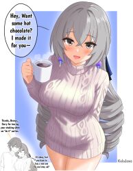 Rule 34 | 1boy, 1girl, alternate costume, arm behind back, artist name, blush, breasts, bronya rand, caelus (honkai: star rail), closed eyes, commentary, crossed bangs, cup, drill hair, earrings, english commentary, english text, grey eyes, grey hair, hair between eyes, highres, holding, holding cup, honkai: star rail, honkai (series), hot chocolate, jewelry, kulo jawa, large breasts, lips, long hair, looking at viewer, mug, one eye closed, open mouth, outside border, pink lips, ribbed sweater, shirt, short hair, smile, speech bubble, sweater, thighs, trailblazer (honkai: star rail), turtleneck, turtleneck sweater, very long hair, white sweater