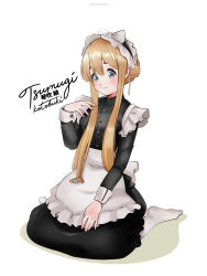 Rule 34 | 1girl, apron, artist name, black dress, blonde hair, blue eyes, blush, buttons, character name, closed mouth, dress, english text, female focus, frilled apron, frills, highres, japanese text, k-on!, kotobuki tsumugi, long hair, long sleeves, looking at viewer, maid, maid apron, maid headdress, simple background, smile, socks, solo, taqi99, thick eyebrows, white apron, white background, white socks
