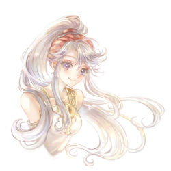Rule 34 | 1girl, blue eyes, closed mouth, collarbone, cropped torso, fire emblem, fire emblem: genealogy of the holy war, floating hair, high ponytail, kuzumosu, long hair, looking at viewer, nintendo, shirt, silver hair, simple background, sleeveless, sleeveless shirt, smile, solo, tailtiu (fire emblem), upper body, very long hair, white background, white shirt