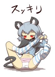 Rule 34 | 1girl, animal ears, blush, blush stickers, feet, grey hair, mouse ears, mouse tail, nazrin, no shoes, panties, pink panties, polka dot, polka dot panties, red eyes, short hair, sock pull, socks, soles, striped clothes, striped thighhighs, tail, thighhighs, thighhighs pull, touhou, underwear, white background, zannen na hito