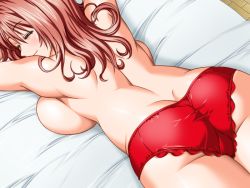 Rule 34 | 1girl, arms up, ass, back, blush, breast press, breasts, closed eyes, game cg, large breasts, long hair, lying, my tsuma, no bra, on stomach, panties, red hair, smile, solo, underwear, yoshimura kentaro