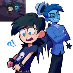 Rule 34 | 2boys, ?, animification, anti-cosmo, ascot, bat wings, black hair, blue eyes, buttons, child, colored skin, crossed arms, derivative work, evil smile, fangs, formal, goth fashion, green eyes, hat, male focus, medium hair, mmangopudding, monocle, multiple boys, pointy ears, screenshot redraw, short sleeves, simple background, smile, teeth, the fairly oddparents, timmy turner, wand, white background, wings