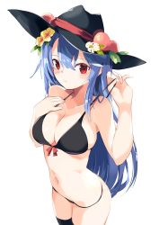 Rule 34 | 1girl, bad id, bad twitter id, bare arms, bare shoulders, bikini, black bikini, black hat, black thighhighs, blue hair, blush, breasts, commentary request, cowboy shot, flower, food, fruit, hair between eyes, hair flower, hair ornament, hand on own chest, hand up, hat, hat flower, highres, hinanawi tenshi, large breasts, leaf, long hair, looking at viewer, navel, peach, red eyes, red ribbon, ribbon, simple background, solo, standing, stomach, strap pull, swimsuit, tetsurou (fe+), thighhighs, thighs, touhou, very long hair, white background, white flower, yellow flower
