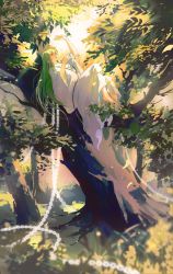 Rule 34 | 1other, absurdres, ambiguous gender, androgynous, barefoot, chain, chinese commentary, enkidu (fate), fate/grand order, fate/strange fake, fate (series), grass, green eyes, green hair, highres, holding, holding leaf, in tree, leaf, light, light green hair, light rays, long hair, long sleeves, looking at object, robe, shulanbiande, sitting, sitting in tree, solo, sunbeam, sunlight, toga, tree, type-moon, very long hair, white robe