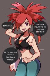 Rule 34 | 1girl, belt, breasts, cleavage, creatures (company), crop top, denim, english text, flannery (pokemon), game freak, grey background, high ponytail, highres, jeans, large breasts, long hair, nintendo, pants, pokemon, pokemon oras, ponytail, purple eyes, red hair, sweat, touyarokii, towel