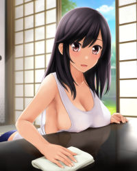 Rule 34 | 1girl, bare shoulders, black hair, blush, breast rest, breasts, brown eyes, cleaning, cleavage, collarbone, covered erect nipples, day, ichijou hotaru, indoors, large breasts, leaning forward, long hair, non non biyori, nonaka ritsu, open door, reflection, shirt, sliding doors, solo, table, tank top, white shirt