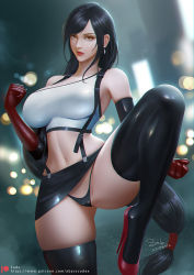 Rule 34 | 1girl, black hair, black skirt, black thighhighs, blurry, blurry background, breasts, cowboy shot, earrings, elbow gloves, final fantasy, final fantasy vii, final fantasy vii remake, gloves, high heels, jewelry, large breasts, latex, latex thighhighs, leg up, long hair, looking at viewer, low-tied long hair, navel, orange eyes, red footwear, sade abyss, skirt, solo, square enix, suspenders, thighhighs, thong, tifa lockhart