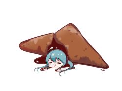 Rule 34 | 1girl, aqua hair, chocolate, closed eyes, commentary, food, hair ornament, hatsune miku, highres, long hair, mini person, minigirl, open mouth, outstretched arms, pie, smile, solo, triangle, triangle mouth, twintails, vocaloid, white background, zuu100lev