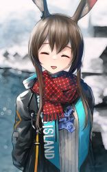 Rule 34 | 1girl, :d, absurdres, amiya (arknights), animal ear fluff, animal ears, arknights, arms behind back, ascot, black coat, blue ascot, blurry, blurry background, blush, brown hair, clothes writing, coat, depth of field, closed eyes, facing viewer, highres, open clothes, open coat, open mouth, rabbit ears, red scarf, scarf, short hair with long locks, sidelocks, signature, smile, solo, upper body, welt (kinsei koutenkyoku)