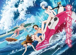 Rule 34 | 2boys, 2girls, ayanami rei, barefoot, beach, bikini, bird, blue eyes, blue hair, blush, breasts, clothes pull, curvy, falling, highres, ikari shinji, long hair, looking at another, looking to the side, medium breasts, multiple boys, multiple girls, nagisa kaworu, neon genesis evangelion, official art, one-piece swimsuit pull, penguin, penpen, red eyes, short hair, sitting, sky, small breasts, smile, souryuu asuka langley, surfboard, swimsuit, translation request, twintails, water