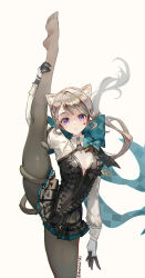 Rule 34 | 1girl, absurdres, animal ear fluff, animal ears, black dress, black gloves, breasts, cat ears, cleavage, commentary request, dress, facial mark, genshin impact, gloves, grey background, grey hair, grey pantyhose, highres, leg up, long hair, long sleeves, looking at viewer, lynette (genshin impact), microdress, no shoes, pantyhose, purple eyes, simple background, small breasts, solo, split, standing, standing on one leg, standing split, star (symbol), uli (bredkgod), very long hair