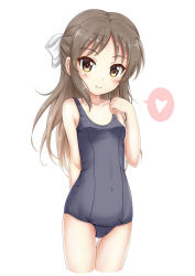 Rule 34 | 1girl, bare arms, bare shoulders, black one-piece swimsuit, blush, bow, brown eyes, brown hair, closed mouth, commentary request, covered navel, cropped legs, flipper, hair bow, half updo, hand up, heart, idolmaster, idolmaster cinderella girls, long hair, old school swimsuit, one-piece swimsuit, parted bangs, school swimsuit, smile, solo, spoken heart, swimsuit, tachibana arisu, very long hair, white bow