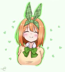 Rule 34 | 1girl, blush, bow, breasts, brown hair, brown sweater, closed eyes, closed mouth, collared shirt, commentary request, cropped torso, facing viewer, go-toubun no hanayome, green background, green bow, green ribbon, hair between eyes, hair ribbon, heart, heart background, highres, kujou karasuma, medium breasts, nakano yotsuba, plaid, plaid ribbon, ribbon, shirt, signature, smile, solo, sweater, upper body, white shirt