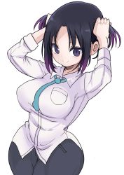 Rule 34 | 1girl, alternate hairstyle, aqua necktie, armpits, arms up, bob cut, breast pocket, breasts, bunching hair, closed mouth, colored eyelashes, commentary request, cool-kyou shinja, curvy, dot nose, dress shirt, elma (maidragon), eyelashes, eyes visible through hair, forehead, gradient hair, hands in hair, highres, impossible clothes, impossible shirt, kobayashi-san chi no maidragon, large breasts, legs together, long sleeves, looking at viewer, multicolored hair, narrow waist, necktie, office lady, pocket, purple eyes, purple hair, raised eyebrows, shirt, short hair, sideboob, simple background, sleeves rolled up, slit pupils, smile, solo, split mouth, twintails, white background, white shirt, wide hips, wing collar