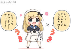 Rule 34 | 1girl, blonde hair, blue eyes, blue sailor collar, chibi, commentary request, dirty, dirty clothes, dirty face, drawing, dress, full body, gloves, goma (yoku yatta hou jane), hat, holding, jervis (kancolle), kantai collection, long hair, open mouth, paintbrush, sailor collar, sailor dress, sailor hat, short sleeves, simple background, solo, standing, translation request, twitter username, wavy mouth, white background, white dress, white gloves, white hat