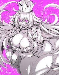 Rule 34 | 1girl, :d, breasts, cleavage, dress, frills, gloves, highres, huge breasts, long hair, looking at viewer, luigi&#039;s mansion, mario (series), nintendo, open mouth, princess king boo, purple background, purple eyes, sharp teeth, simple background, smile, solo, super crown, takatsuki ichi, teeth, tongue, tongue out, very long hair