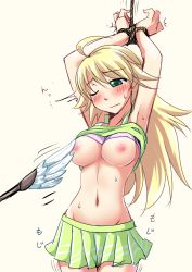 Rule 34 | 1girl, ahoge, armpits, arms up, bdsm, blonde hair, bondage, bound, bound wrists, bra, bra lift, breasts, clothes lift, duster, feather duster, green skirt, hoshii miki, idolmaster, idolmaster (classic), long hair, maru (sara duke), miniskirt, narrow waist, navel, nipples, one eye closed, open mouth, pleated skirt, shirt lift, sketch, skinny, skirt, slender, smile, solo, tickle torture, tickling, tickling nipples, underwear, wince, wink