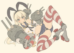 Rule 34 | 10s, 1girl, anchor, black panties, blonde hair, blush, elbow gloves, gloves, hair ornament, hairband, highres, hiyohiyo, kantai collection, lifebuoy, long hair, looking at viewer, lying, navel, panties, personification, rensouhou-chan, shimakaze (kancolle), skirt, solo, spread legs, striped clothes, striped thighhighs, swim ring, thighhighs, underwear, upskirt, white gloves