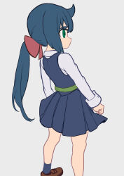 Rule 34 | 1girl, blue hair, blue skirt, blue socks, blue vest, bow, brown footwear, constanze amalie von braunschbank-albrechtsberger, domdom, expressionless, flat color, from behind, green eyes, hair bow, highres, little witch academia, loafers, long hair, long sleeves, luna nova school uniform, ponytail, red bow, red ribbon, ribbon, school uniform, shirt, shoes, simple background, skirt, skirt tug, socks, solo, standing, thick eyebrows, vest, white background, white shirt