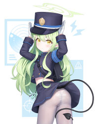 Rule 34 | 1girl, ass, black hat, black jacket, black skirt, black tail, blue archive, blush, cementite, closed mouth, cowboy shot, demon tail, earrings, gloves, green hair, green halo, halo, hat, highres, hikari (blue archive), jacket, jewelry, long hair, long sleeves, pantyhose, peaked cap, pleated skirt, pointy ears, single earring, skirt, solo, tail, twitter username, white gloves, white pantyhose, yellow eyes