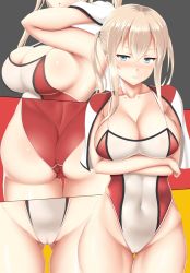 Rule 34 | 10s, 1girl, :o, adapted costume, arm up, armpits, ass, black background, blonde hair, blue eyes, blush, breasts, cameltoe, cleavage, collarbone, covered navel, cowboy shot, embarrassed, from side, frown, german flag, gluteal fold, graf zeppelin (kancolle), hair between eyes, half-closed eyes, highleg, highleg swimsuit, kantai collection, large breasts, legs together, looking at viewer, multiple views, one-piece swimsuit, red background, red one-piece swimsuit, simple background, skin tight, standing, swimsuit, thick thighs, thigh gap, thighs, towel, twintails, two-tone swimsuit, white one-piece swimsuit, wide hips, yellow background, zukky