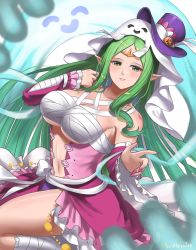 Rule 34 | 1girl, absurdres, alternate costume, breasts, burnt green tea, center opening, chest sarashi, cleavage, fire emblem, fire emblem awakening, fire emblem heroes, ghost, green eyes, green hair, halloween, halloween costume, hat, highres, large breasts, long hair, looking at viewer, naga (fire emblem), nail polish, nintendo, pink nails, pointy ears, sarashi, smile, solo, tiara, top hat, underboob, very long hair, wrappings