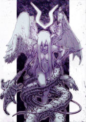 Rule 34 | 1girl, ballpoint pen (medium), bracelet, caduceus, dal-segno, graphite (medium), hair between eyes, hair censor, hair over breasts, head wings, highres, jewelry, long hair, monochrome, monster girl, navel, nude, original, parted lips, purple theme, snake tail, solo, staff, tail, traditional media, very long hair, wings