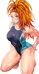 Rule 34 | 1girl, adjusting clothes, adjusting swimsuit, alternate costume, armpits, bandaid, bandaid on face, bare legs, barefoot, biceps, black one-piece swimsuit, blue eyes, blue one-piece swimsuit, blush, breasts, captain mizuki, closed mouth, competition swimsuit, daraz, full body, hair pulled back, highres, long hair, looking at viewer, medium breasts, muscular, muscular female, one-piece swimsuit, one-punch man, orange hair, ponytail, simple background, smile, solo, squatting, swimsuit, two-tone swimsuit, wet, wet clothes, wet swimsuit, white background