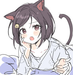 Rule 34 | 1girl, animal ears, bob cut, brown eyes, brown hair, cat ears, cat girl, cat tail, commentary request, dot nose, extra ears, fang, hair ornament, hairclip, hand on own face, long sleeves, looking at viewer, lying, on stomach, open mouth, pjmiyo, project sekai, shinonome ena, solo, tail, white background