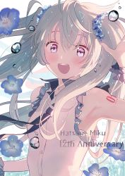 Rule 34 | 1girl, anniversary, aqua hair, commentary request, english text, flower, hatsune miku, highres, long hair, looking at viewer, necktie, open mouth, pink eyes, scrunchie, shirt, sleeveless, sleeveless shirt, smile, solo, tadano natsu, tattoo, teeth, triangle, twintails, upper body, vocaloid