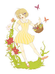 Rule 34 | 10s, 1girl, bad id, bad pixiv id, basket, blonde hair, bug, butterfly, dress, female focus, flat color, flower, full body, green eyes, hair ornament, hairclip, huang baoling, insect, mary janes, plant, shoes, short hair, simple background, solo, tiger &amp; bunny, white background, y-raven