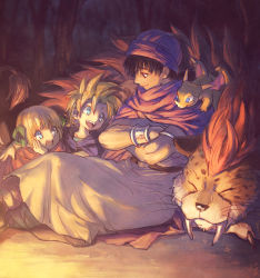 Rule 34 | 1girl, 2boys, :d, arm around shoulder, belt, black hair, blonde hair, blue eyes, bob cut, borongo, bracelet, brother and sister, cape, cloak, closed eyes, creature, creature on shoulder, crossed arms, dark, dragon, dragon quest, dragon quest v, fangs, father and daughter, father and son, hair ribbon, hand on own cheek, hand on own face, hero&#039;s daughter (dq5), hero&#039;s son (dq5), hero (dq5), jewelry, leg wrap, looking at another, low ponytail, multiple boys, nature, on ground, on shoulder, open mouth, ponytail, profile, purple cloak, red cloak, ribbon, robe, siblings, sitting, sleeping, small fry (dragon quest), smile, turban, yuza