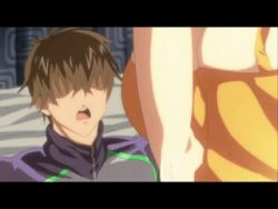 Rule 34 | 1boy, 1girl, animated, animated gif, backboob, baku ane ~otouto shibocchau zo!~, bed, bouncing breasts, breasts, brown hair, clothes, covered erect nipples, hayasaki yurine, large breasts, lowres, nipples, open mouth, pink pineapple, short hair, undressing