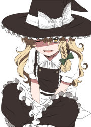 Rule 34 | 1girl, apron, blonde hair, bow, braid, fangs, hat, hat bow, kirisame marisa, long hair, n-mix, open mouth, side braid, simple background, solo, touhou, waist apron, white background, yellow eyes