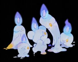 Rule 34 | black background, blue fire, candle, closed eyes, closed mouth, commentary request, creatures (company), fire, full body, game freak, gen 5 pokemon, lil, litwick, looking at another, melting, nintendo, no humans, pokemon, pokemon (creature), simple background, smile, standing, yellow eyes